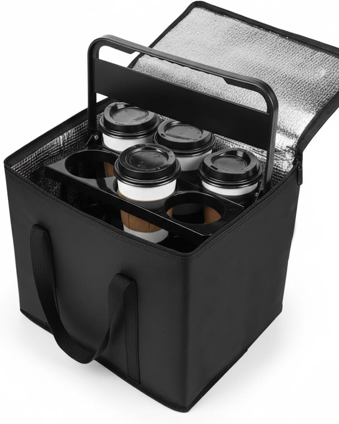 Individuelles Logo für Getränketräger, wiederverwendbare Tragebeutel für Getränke mit Griff, ideal für heiße oder kalte Speisen, essentielle Ausstattung für Lieferfahrer, Qualität vom Hersteller, schwarzer isolierter Träger.