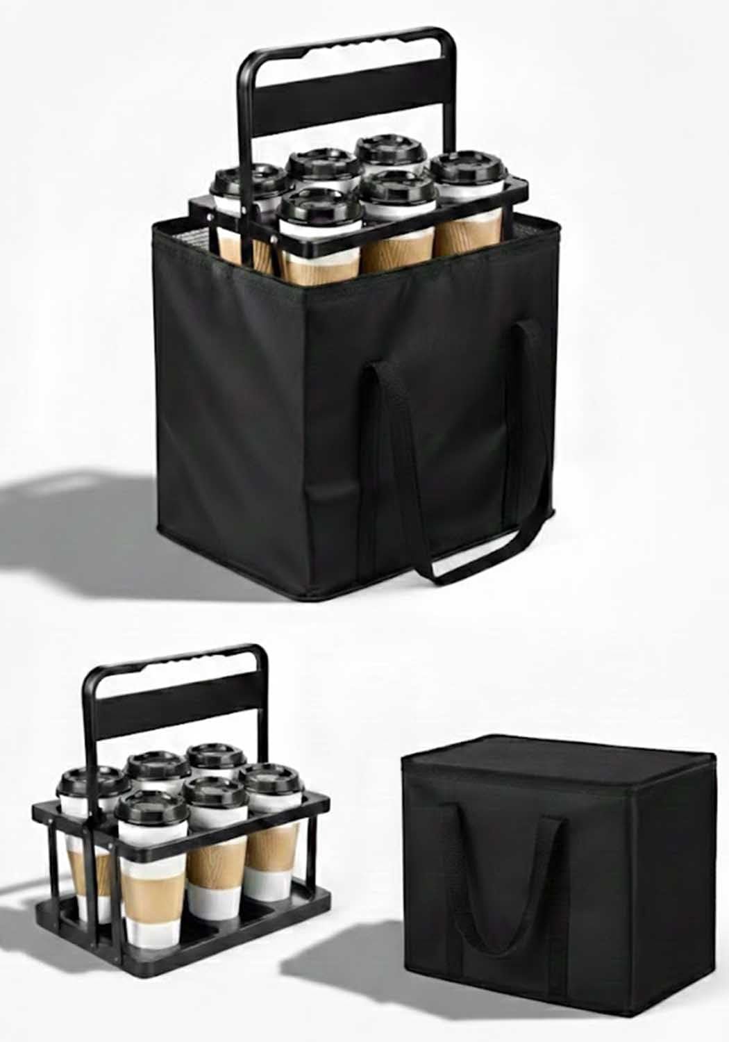 Individuelles Logo für Getränketräger, wiederverwendbare Tragebeutel für Getränke mit Griff, ideal für heiße oder kalte Speisen, essentielle Ausstattung für Lieferfahrer, Qualität vom Hersteller, schwarzer isolierter Träger.