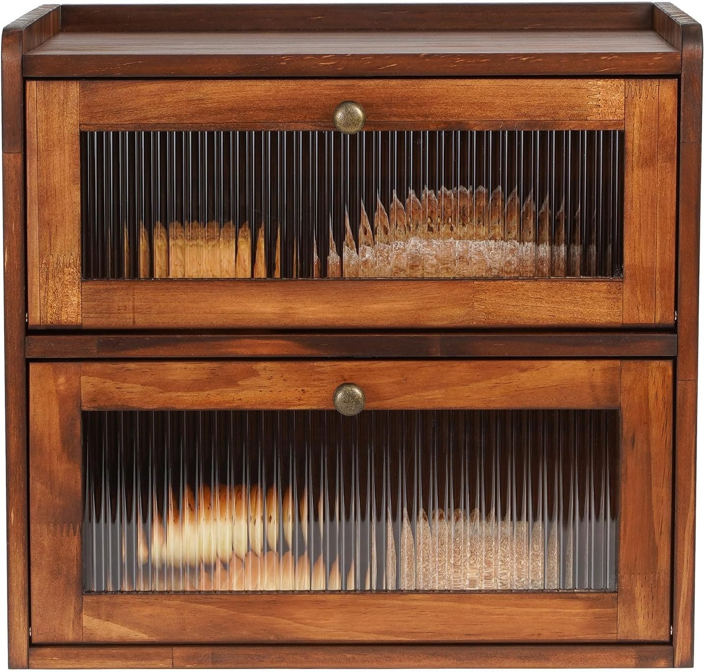 Individuelles Logo Brotbox für Küchentheke, 2-lagige Holz-Brotaufbewahrungsbox mit großem Fassungsvermögen, Vintage Bauernhaus Lebensmittellager für die Speisekammer, eigener Hersteller, integriertes Acryl-Fenster (Braun)