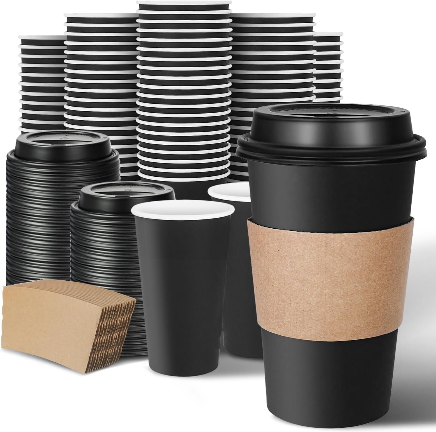 Individuelles Logo für 100 Stück Einweg-Kaffeebecher mit Deckeln und Hitzeschutz, 16 oz, To Go Schwarze Papierbecher für Zuhause, Cafés und Kaffee-Bar Zubehör, Hersteller.