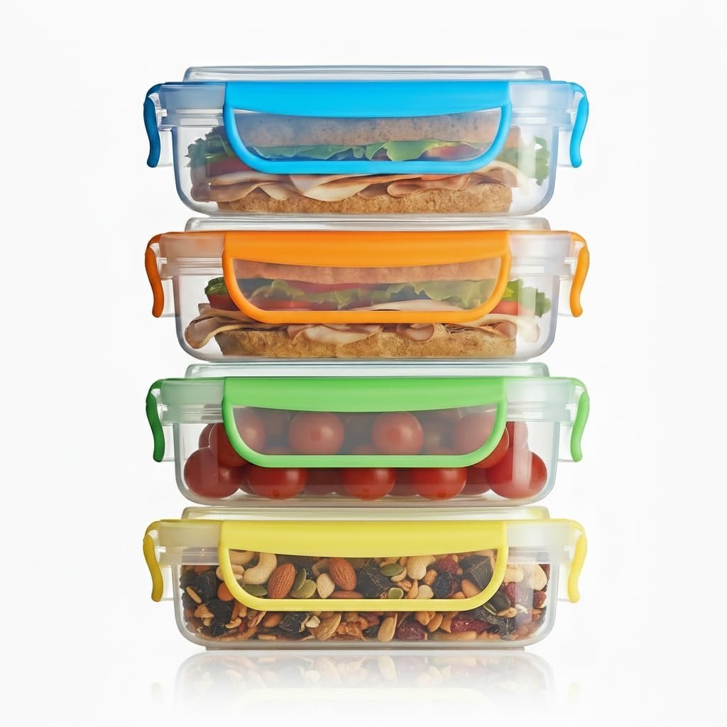 Großhandel von 4er-Pack leakproof Sandwich-Containern, BPA-freie und wiederverwendbare Boxen mit luftdichtem Verschluss. Ideal auch für Salate, Snacks, Obst und Lebensmittelaufbewahrung. Individuelles Logo für Ihre Eigenmarke verfügbar. Hersteller für qualitativ hochwertige Produkte.