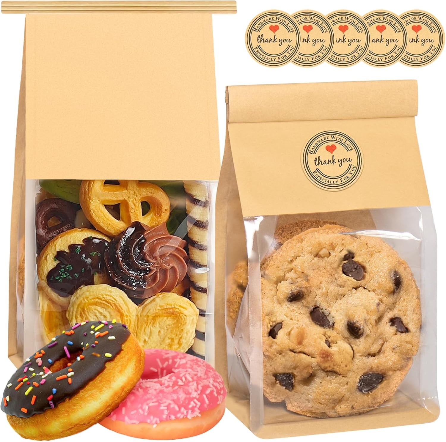 Großhandel 50 Pack Doypack Cookie Tüten mit Fenster 8,2x3,9x3,1 Zoll, resealable Backwaren-Taschen mit Zeltverschluss für Muffins, Granola, Süßigkeiten, Scones, Brownies, Individuelles Logo und 50 Dankeskarten enthalten, Hersteller für Papierverpackungen.