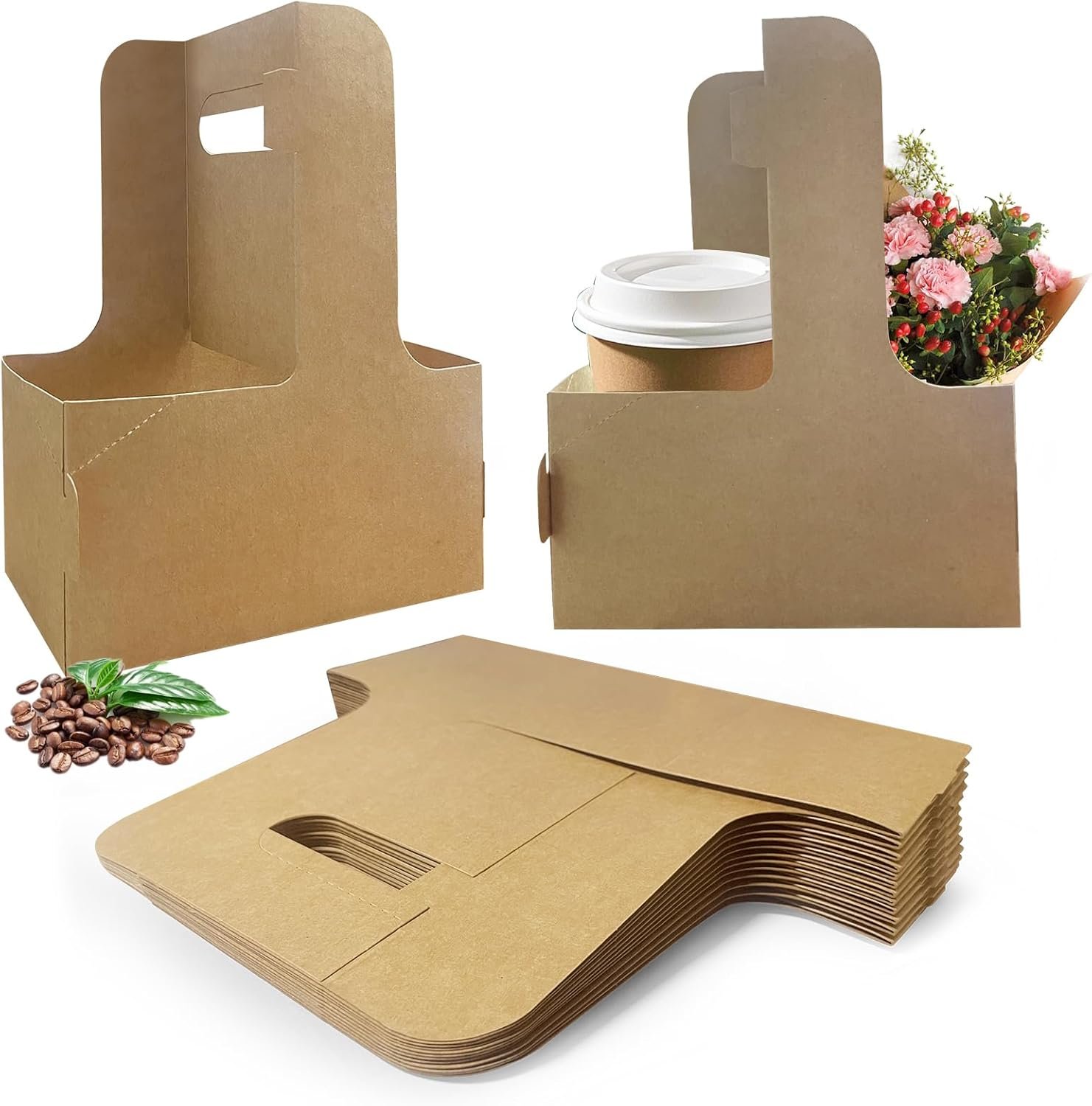 Großhandel 50 Stück Coffee Drink Carrier mit Griff (2 oder 4 Becher) für die Essens- und Getränkelieferung, individuell bedruckbare Getränketräger von einem zuverlässigen Hersteller, praktische Einweg Becherhalter für jede Lieferung.