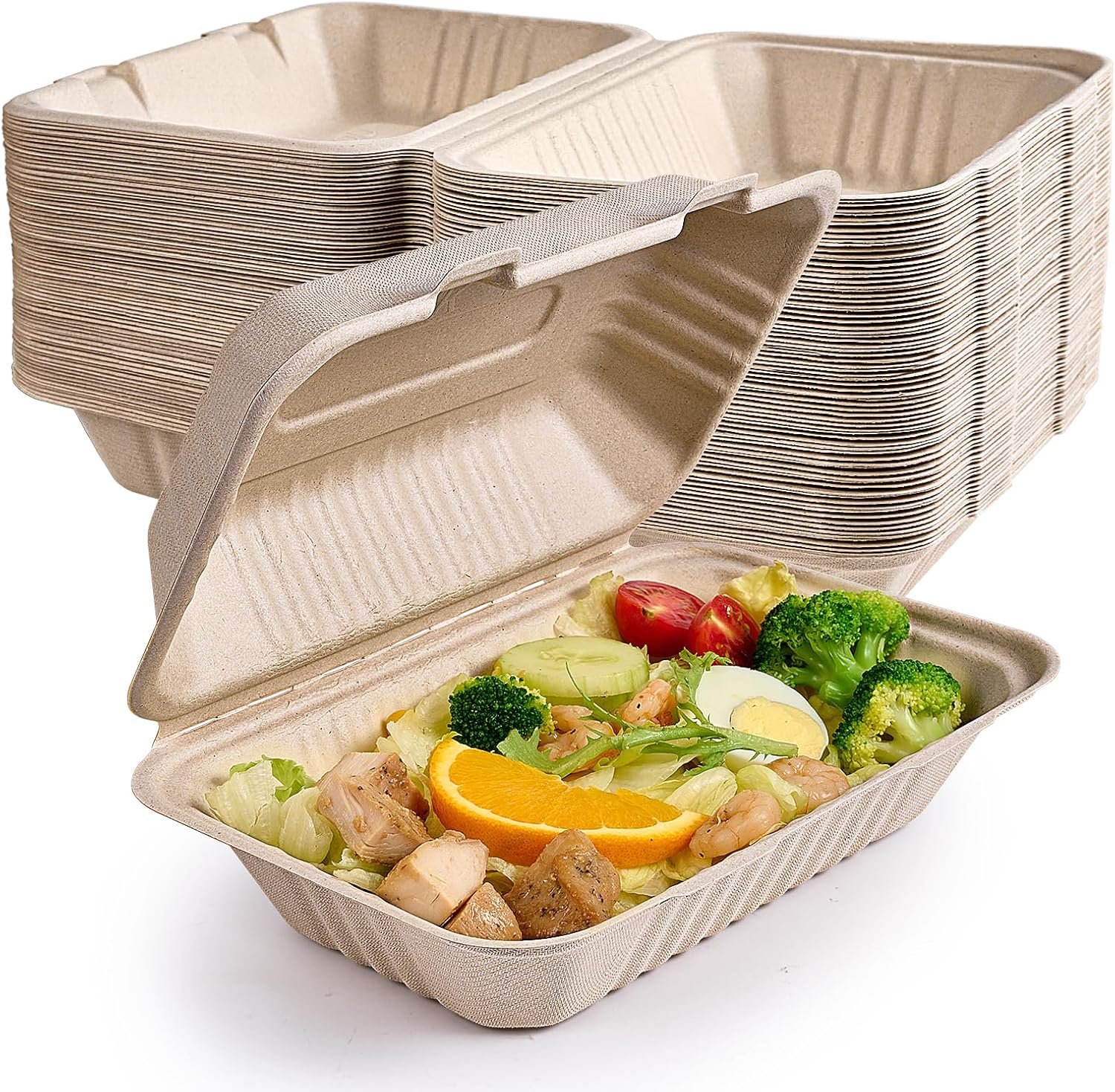 Großhandel 75er Pack Klappschalen für Take-Away, 9x6 Zoll schwere, 100% kompostierbare, umweltfreundliche Mehrwegbehälter, Hersteller von biologisch abbaubaren To-Go-Containern mit individuellem Logo.