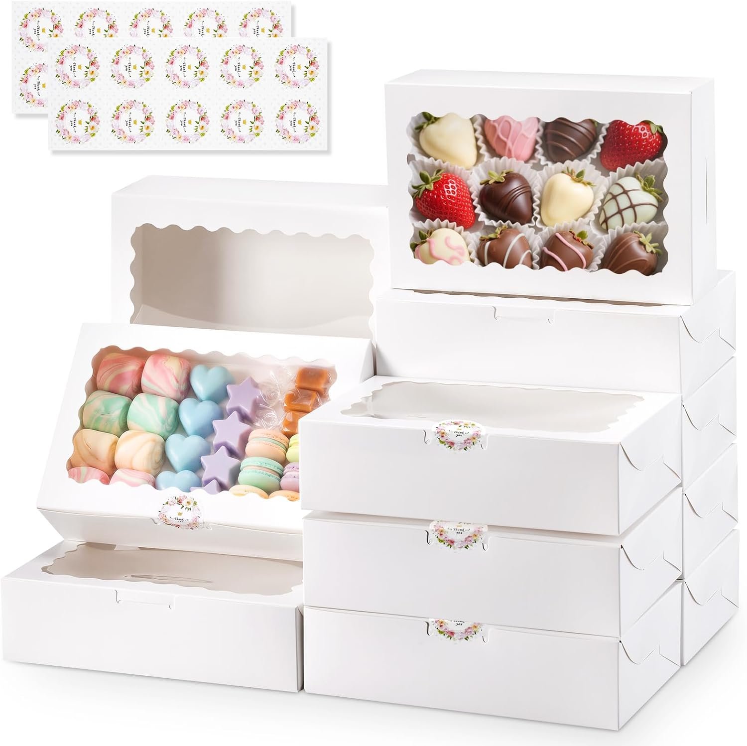 Großhandel 20er Set Cookie Boxen mit Fenster, 9x6x2,5 Zoll weiße Verpackungen für Desserts, Leckereien, Gebäck, Donuts, Schokoladenüberzogene Erdbeeren - Baked Goods Packaging für individuelles Logo und OEM