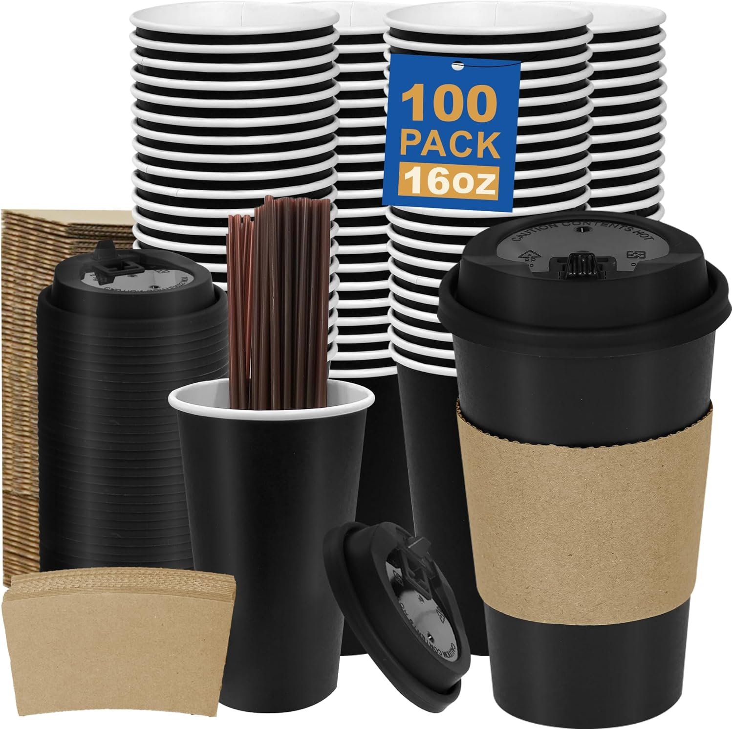 Großhandel 16 oz Pappbecher mit Deckeln und Hüllen, Strohhalmen, heiß, für unterwegs, Bulk für Büro und Zuhause, individuelles Logo, Zubehör für Kaffeebar, Schokolade, Kakao, Getränke (Schwarz), Hersteller