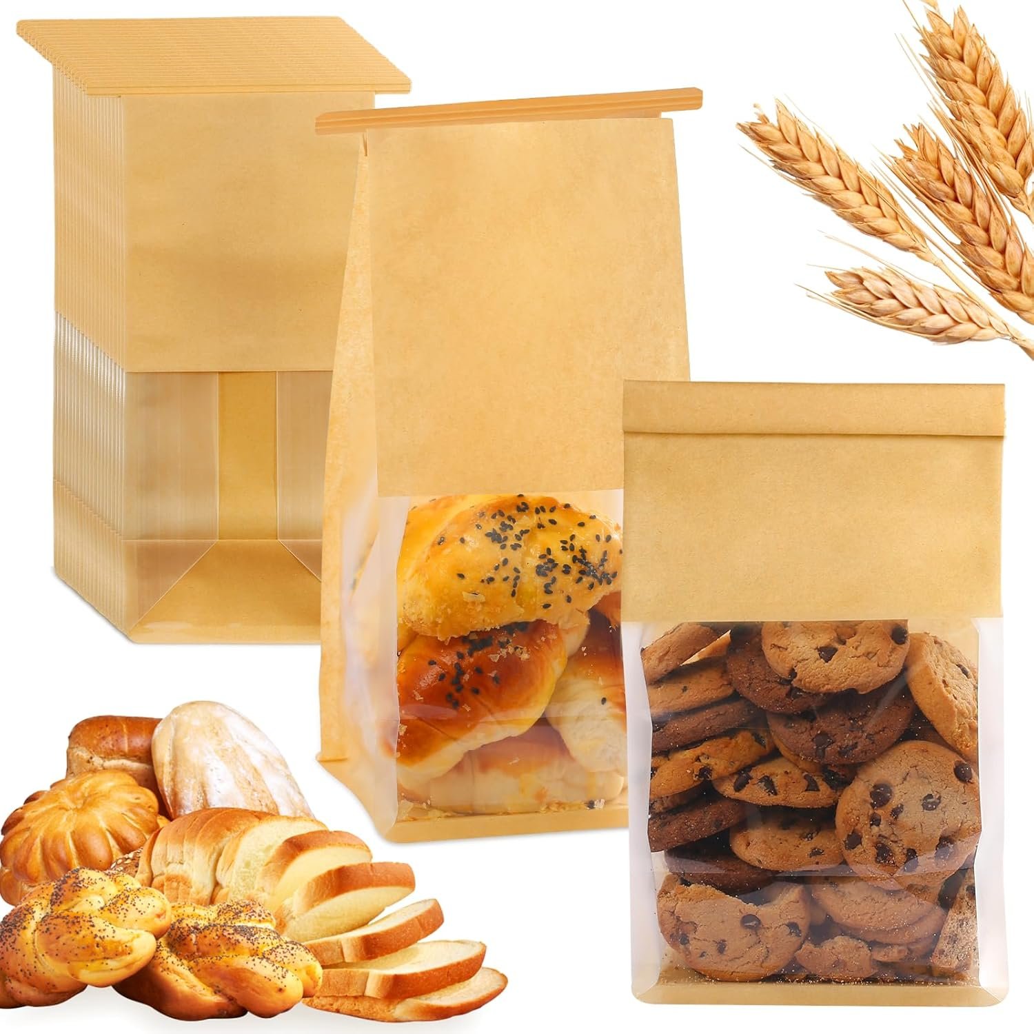 Großhandel 50 Stück wiederverwendbare Bäckereitaschen mit Fenster 11 x 5,1 x 3,9 Zoll, Hersteller für versiegelte Backwarenverpackungen mit Tin Tie und eigenem Logo, Lebensmittelqualität, stehend, für Plätzchen, Brezeln und andere Leckereien.