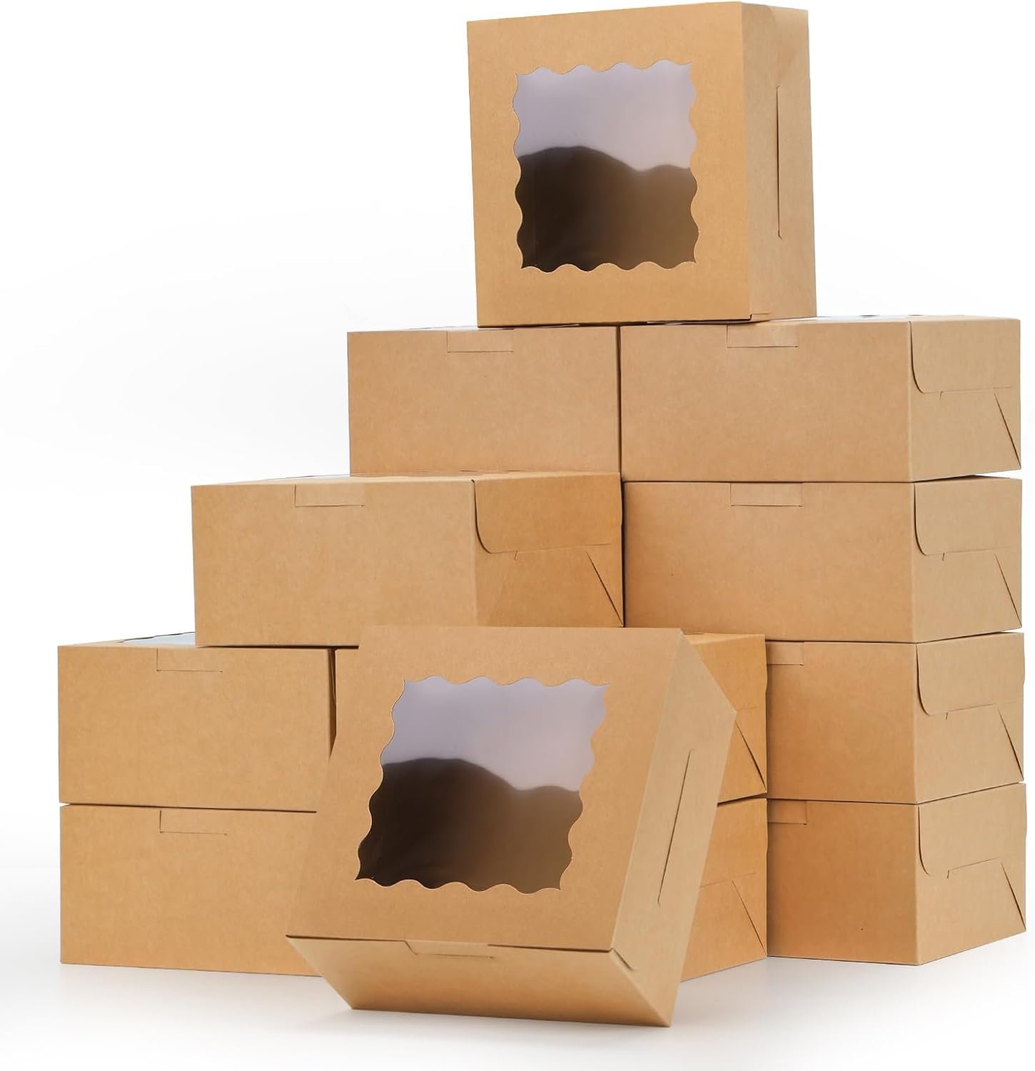 Großhandel 80 Stück Braune Bäckereiboxen mit Fenster, 6x6x3 Zoll, ideal für Süßigkeiten, Gebäck, Schokoladenüberzogene Erdbeeren, Macarons, Cupcakes, Leckereien und Donuts, individuelles Logo, OEM.