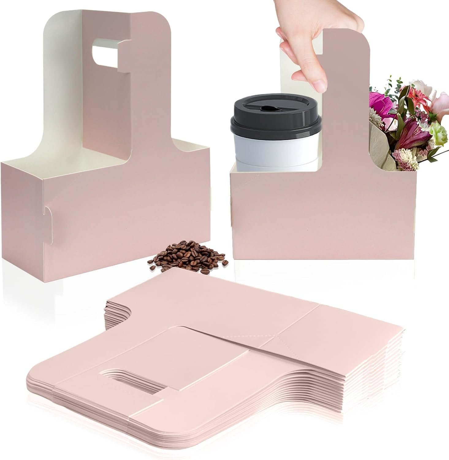 Großhandel 2 Cup Disposable Drink Carrier mit Griff 15 Stück, Papierbecherträger in Pink, Hersteller von praktikablen Cup-Carriern für heiße oder kalte Getränke, OEM für Food Delivery und Take Out Cup Carriers.