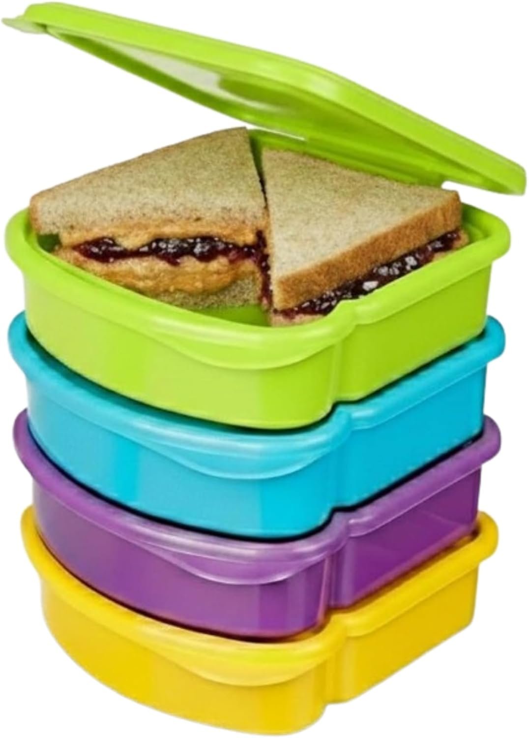 Großhandel Sandwichbehälter in lila, himmelblau, grün und gelb, individuelles Logo, Hersteller für Bulk-Bestellungen.