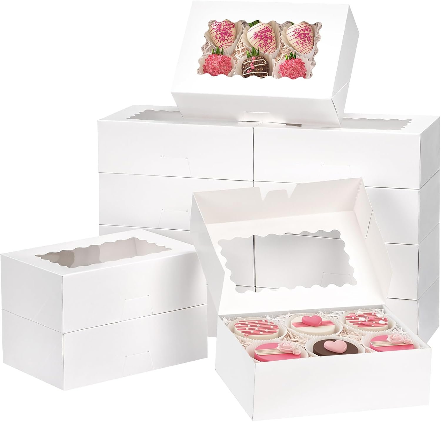 Großhandel 28 Stück Kuchenboxen mit Fenster, 9x6x3 Zoll, weiße Bäckereiboxen zur Aufbewahrung von Süßigkeiten, Muffins und Donuts mit individuellem Logo, vom Hersteller geliefert, für Bulk-Bestellungen geeignet.
