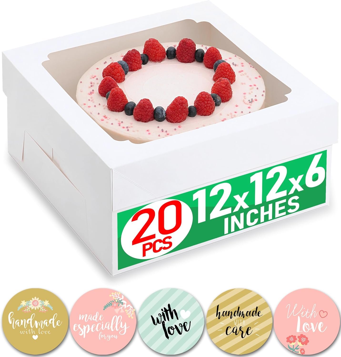 Großhandel 20 Stück große 12 Zoll Tortenboxen mit Fenster für 6 Zoll hohe große Bäckerei-Torten und Kuchen, robustes quadratisches weißes Karton, Hersteller von Cake Decorating Supplies mit 80 Aufklebern, individuelles Logo.