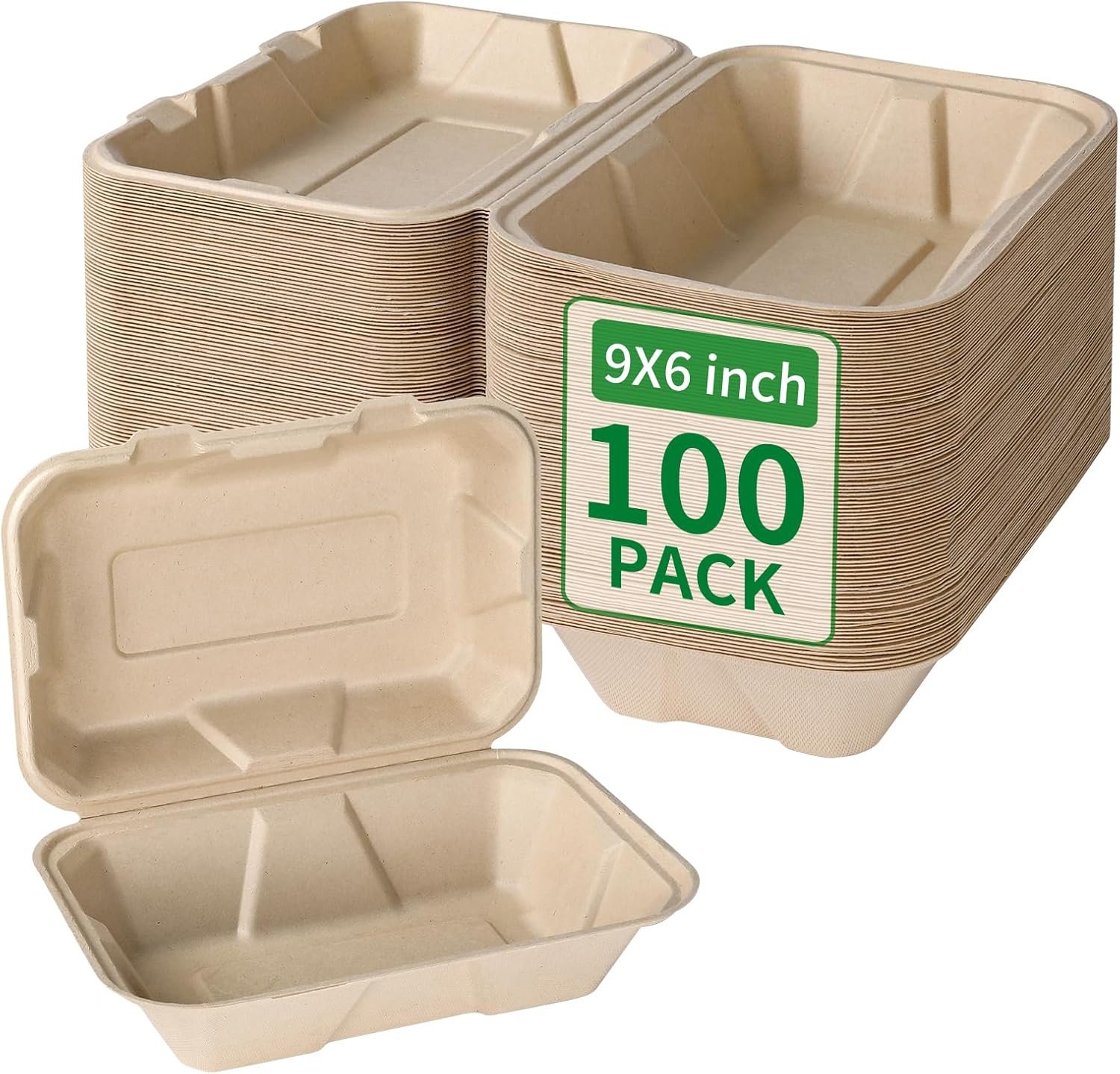 Großhandel 100 Stück kompostierbare 9x6 Zoll Takeout-Lunchboxen mit Deckel, Klappcontainer für Speisen, PFAS-frei, biologisch abbaubar aus Bagasse, individuell bedruckbar, vom Hersteller.
