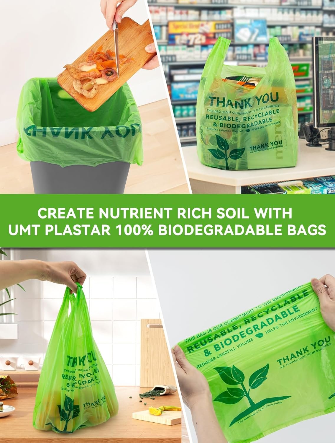 Großhandel 100 Stück Biologisch abbaubare T-Shirt Tüten, 11.5 x 6.25 x 21 Zoll, Compostierbare Dankeschön Einkaufstaschen, Eco-freundliche Plastiktüten, 16 Mikron Robust Tragetaschen für Einzelhandel, Eigenmarke, Hersteller