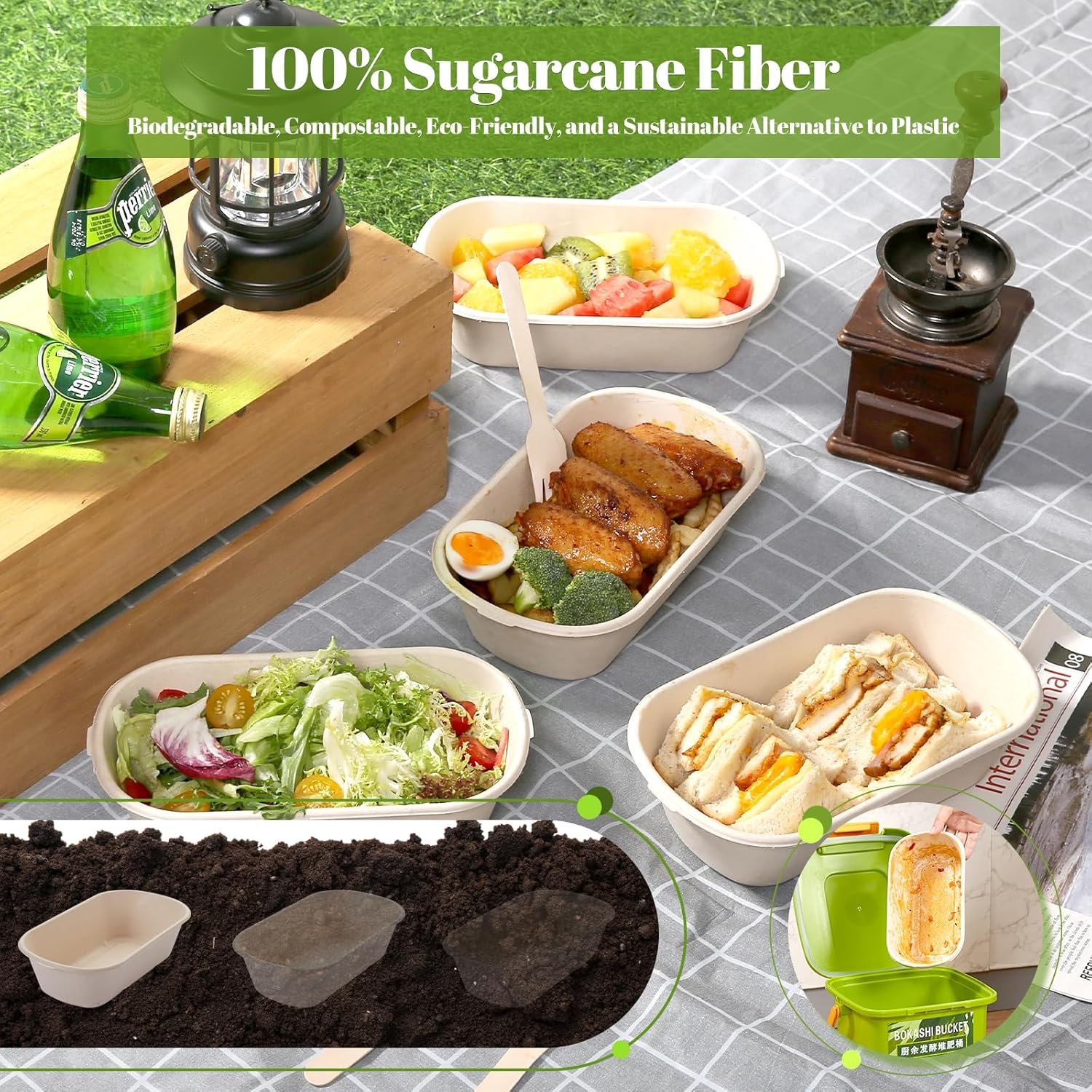 Großhandel 34 oz Einweg Lebensmittelbehälter mit Deckeln – Biologisch abbaubare Lunchbox aus Zuckerrohr, mikrowellenfest für Meal Prep – Individuelles Logo, OEM To-Go Boxen – Packung mit 50