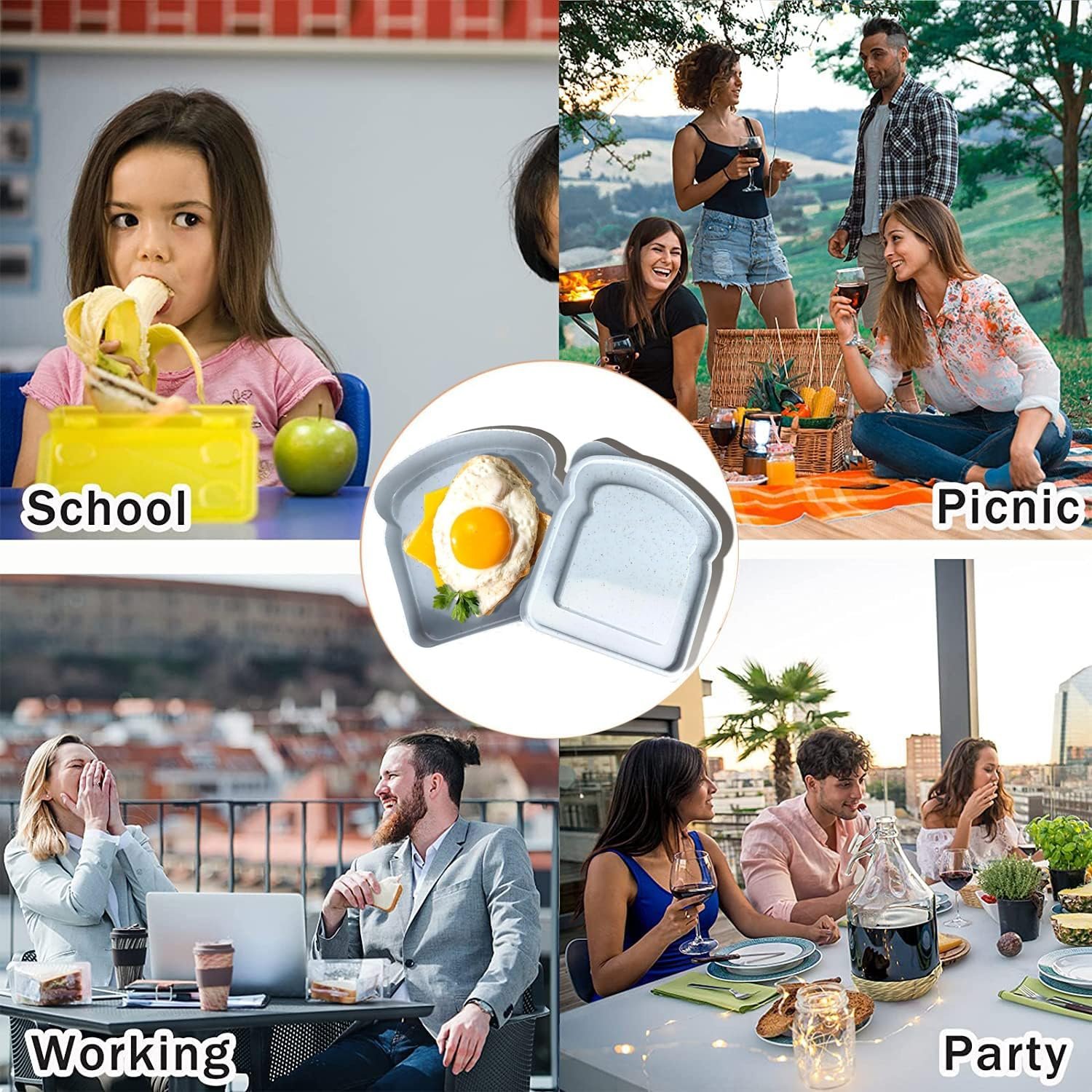 Sandwichbehälter Großhandel, wiederverwendbare Kunststoff-Sandwichbox mit Deckel, BPA-frei, mikrowellengeeignet für Erwachsene, ideal für Büro und Camping, individuell bedruckte Eigenmarke in Grün und Blau, gefertigt von einem zuverlässigen Hersteller.