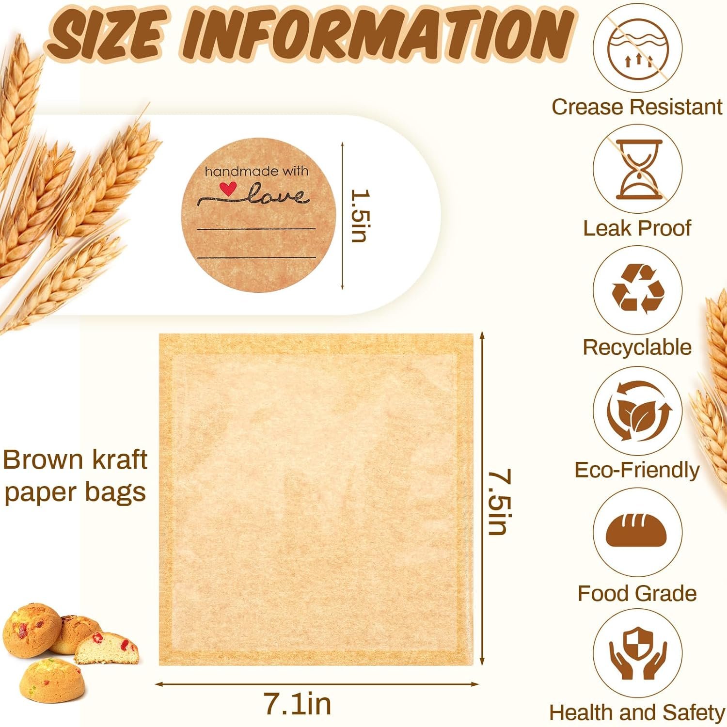 Großhandel 100 Stück einseitige Verpackungsbeutel für Kekse, 7,1 x 7,5 Zoll mit Sichtfenster, passend für individuelle Logos, hitzeversiegelbare und fettdichte Papiertüten für Donuts, Brot und Sandwiches (Braun)