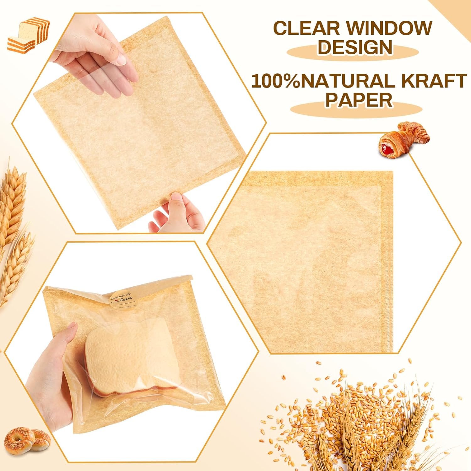 Großhandel 100 Stück einseitige Verpackungsbeutel für Kekse, 7,1 x 7,5 Zoll mit Sichtfenster, passend für individuelle Logos, hitzeversiegelbare und fettdichte Papiertüten für Donuts, Brot und Sandwiches (Braun)