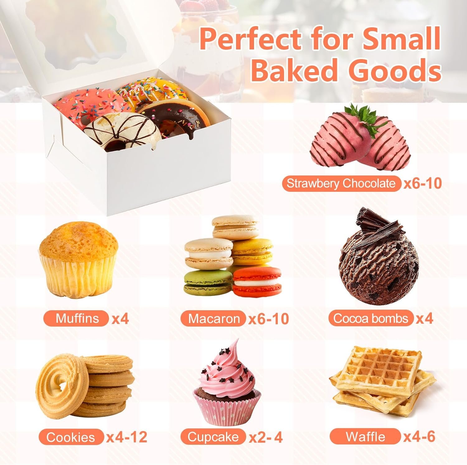 Großhandel 12 Stk. Cookie Boxen mit Fenster, 6x6x3 Zoll, weiße Bäckerei-Boxen, 50 Stk. Cookie Beutel und 12 Stk. Aufkleber für Dessert, Pastry, Schokolade, Erdbeeren, Macarons, Donuts, Cupcakes, Lieferant für individuelles Logo und OEM Lösungen.