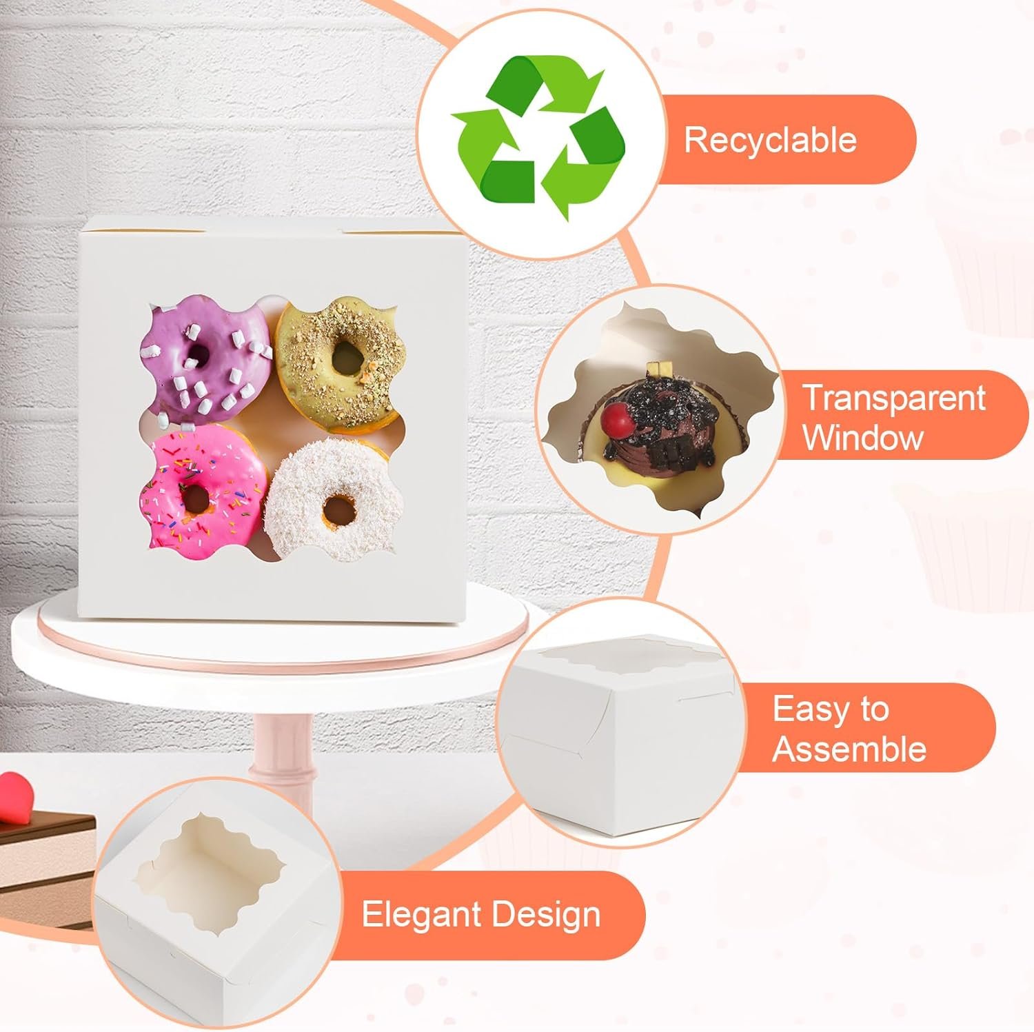 Großhandel 12 Stk. Cookie Boxen mit Fenster, 6x6x3 Zoll, weiße Bäckerei-Boxen, 50 Stk. Cookie Beutel und 12 Stk. Aufkleber für Dessert, Pastry, Schokolade, Erdbeeren, Macarons, Donuts, Cupcakes, Lieferant für individuelles Logo und OEM Lösungen.