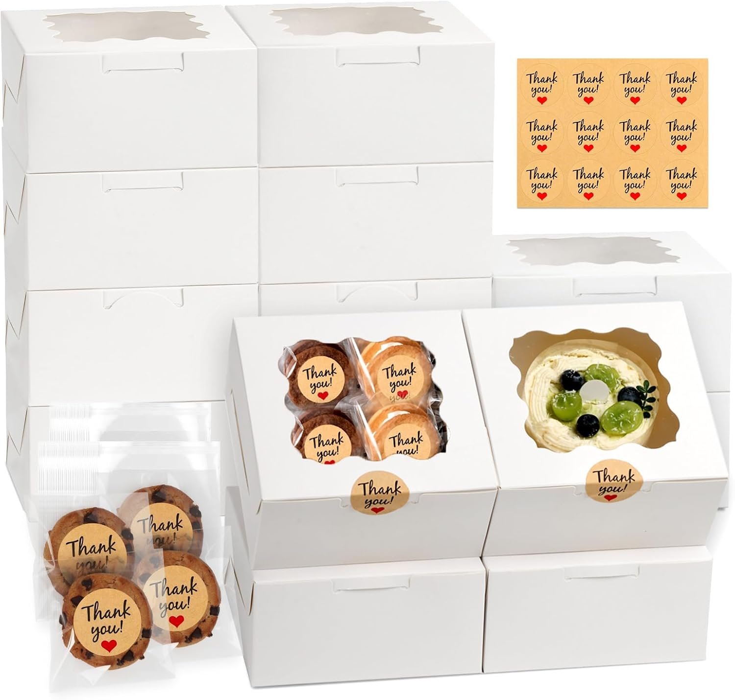 Großhandel 12 Stk. Cookie Boxen mit Fenster, 6x6x3 Zoll, weiße Bäckerei-Boxen, 50 Stk. Cookie Beutel und 12 Stk. Aufkleber für Dessert, Pastry, Schokolade, Erdbeeren, Macarons, Donuts, Cupcakes, Lieferant für individuelles Logo und OEM Lösungen.