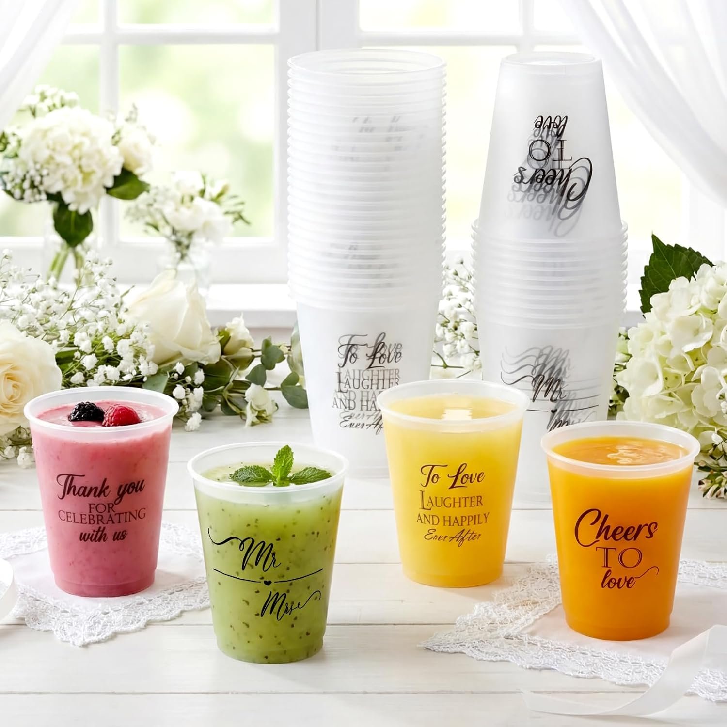 Großhandel 100 Stück Hochzeitsbecher aus frosted Kunststoff 12 oz klare Einwegbecher für den Empfang mit individuellem Logo, Hersteller für Junggesellenabschied und Brautdusche Partybedarf.