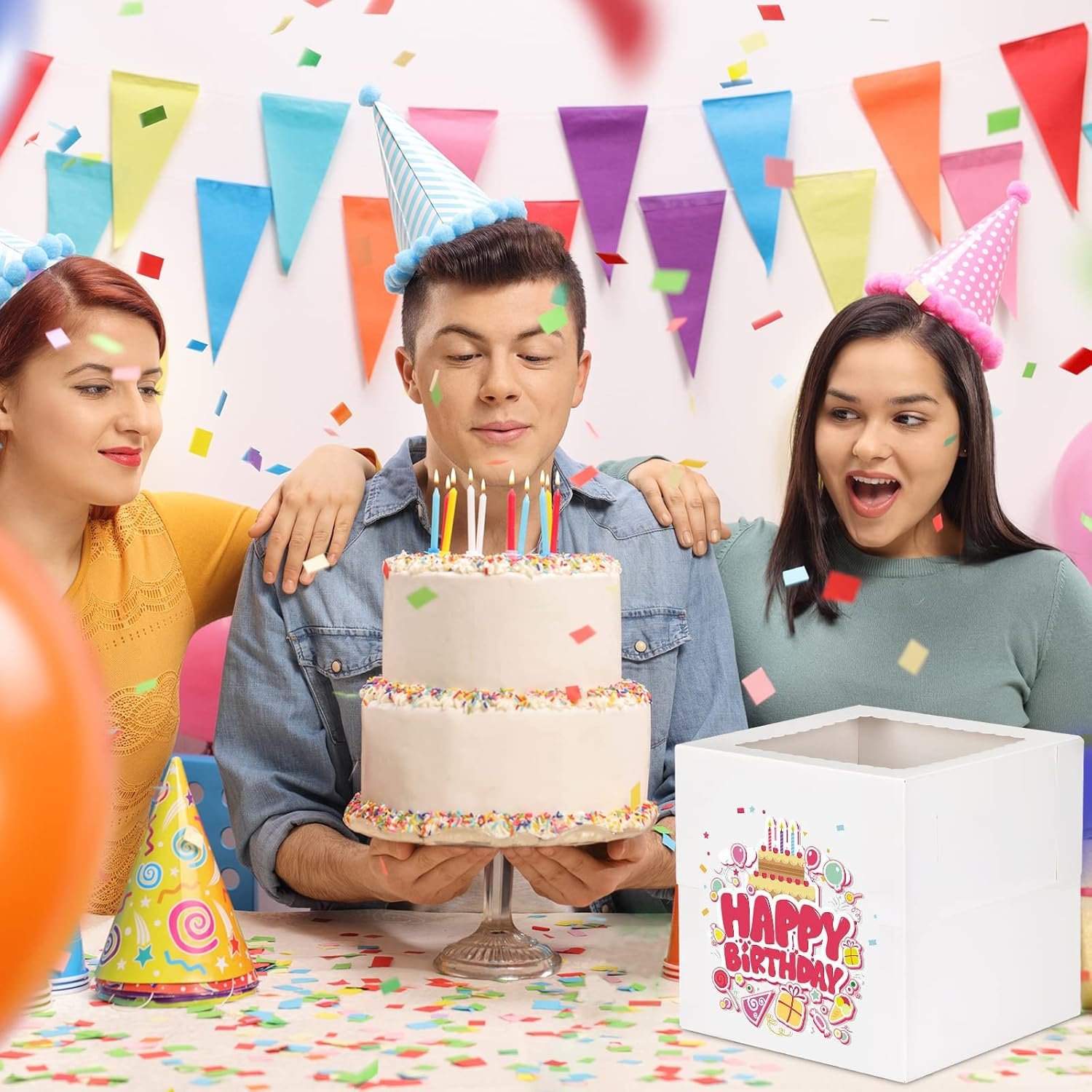 Großhandel 12 Stück Kuchenboxen, höhe Kuchenboxen mit Fenstern in 3 Größen 12x12x12, 10x10x10, 8x8x8 Zoll, OEM kompatible Bäckereiboxen, tragbare Take-Out-Behälter für mehrere Tiers, Eigenmarke für Valentinstag und Muttertag.