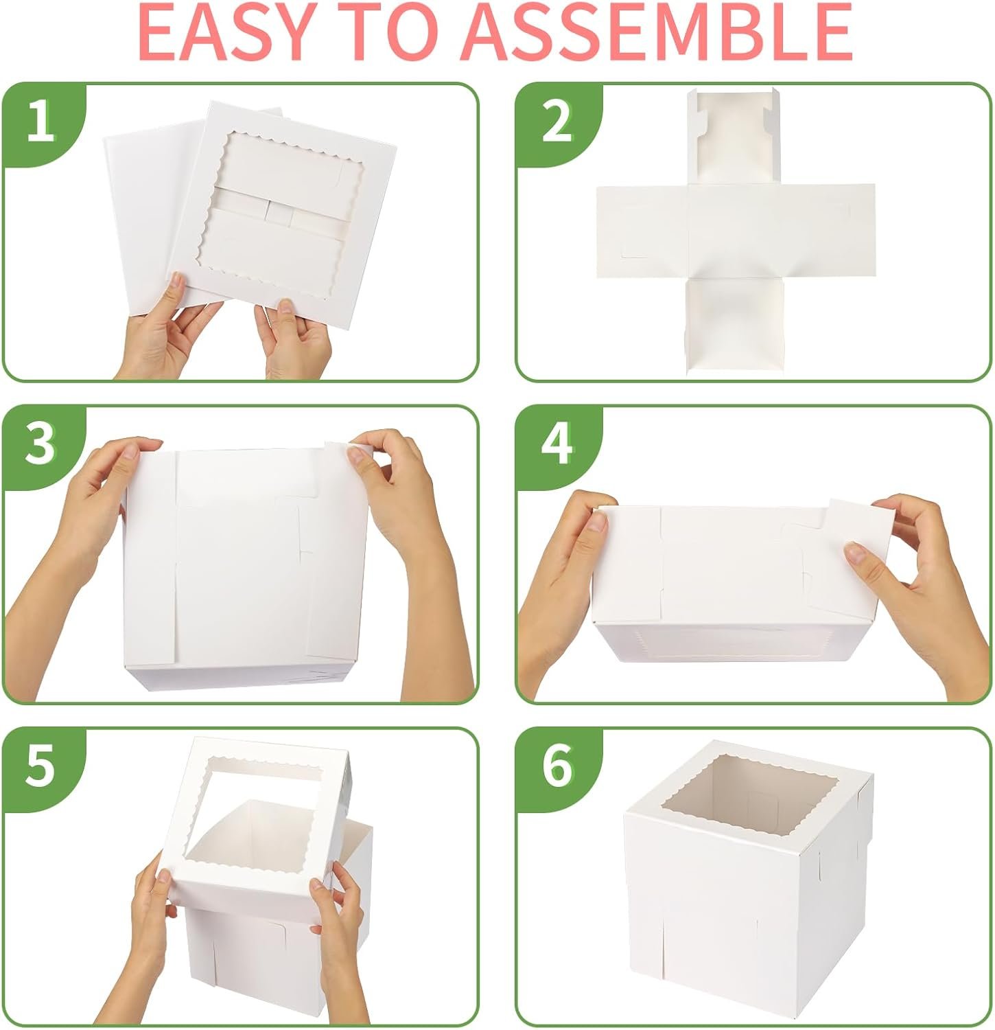 Großhandel 12 Stück Kuchenboxen, höhe Kuchenboxen mit Fenstern in 3 Größen 12x12x12, 10x10x10, 8x8x8 Zoll, OEM kompatible Bäckereiboxen, tragbare Take-Out-Behälter für mehrere Tiers, Eigenmarke für Valentinstag und Muttertag.