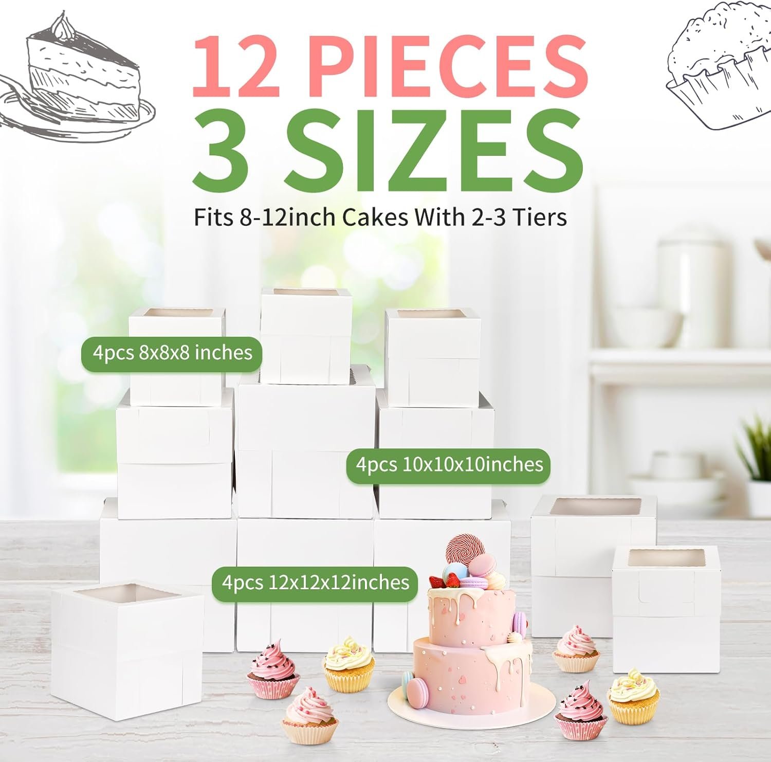 Großhandel 12 Stück Kuchenboxen, höhe Kuchenboxen mit Fenstern in 3 Größen 12x12x12, 10x10x10, 8x8x8 Zoll, OEM kompatible Bäckereiboxen, tragbare Take-Out-Behälter für mehrere Tiers, Eigenmarke für Valentinstag und Muttertag.