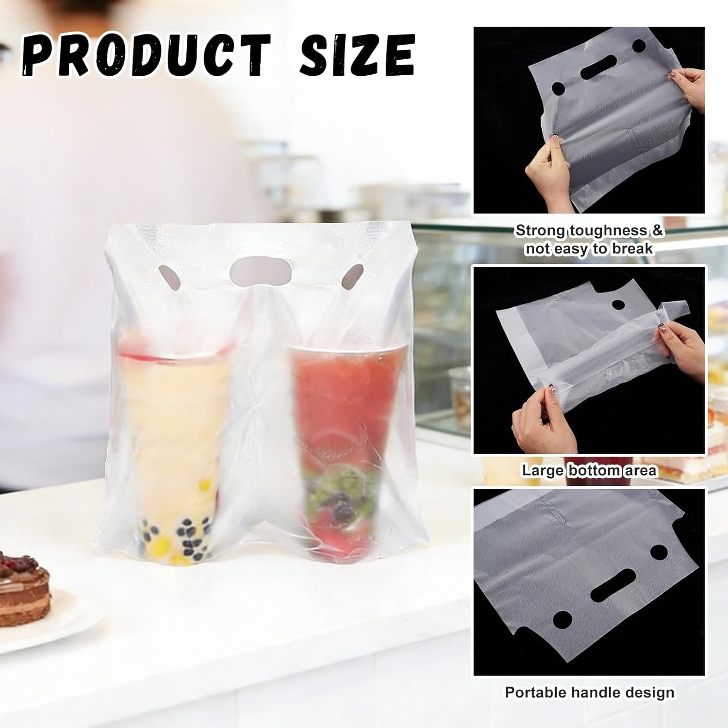 Großhandel 1000 Stück Tragetaschen für Getränke mit zwei Tassengriffen, klare Kunststoffverpackung, Polybeutel für Lieferung, Becherhalter für Kaffee, Saft, Tee, individuelle Logos, Größe 11 x 12,2 Zoll, vom Hersteller.