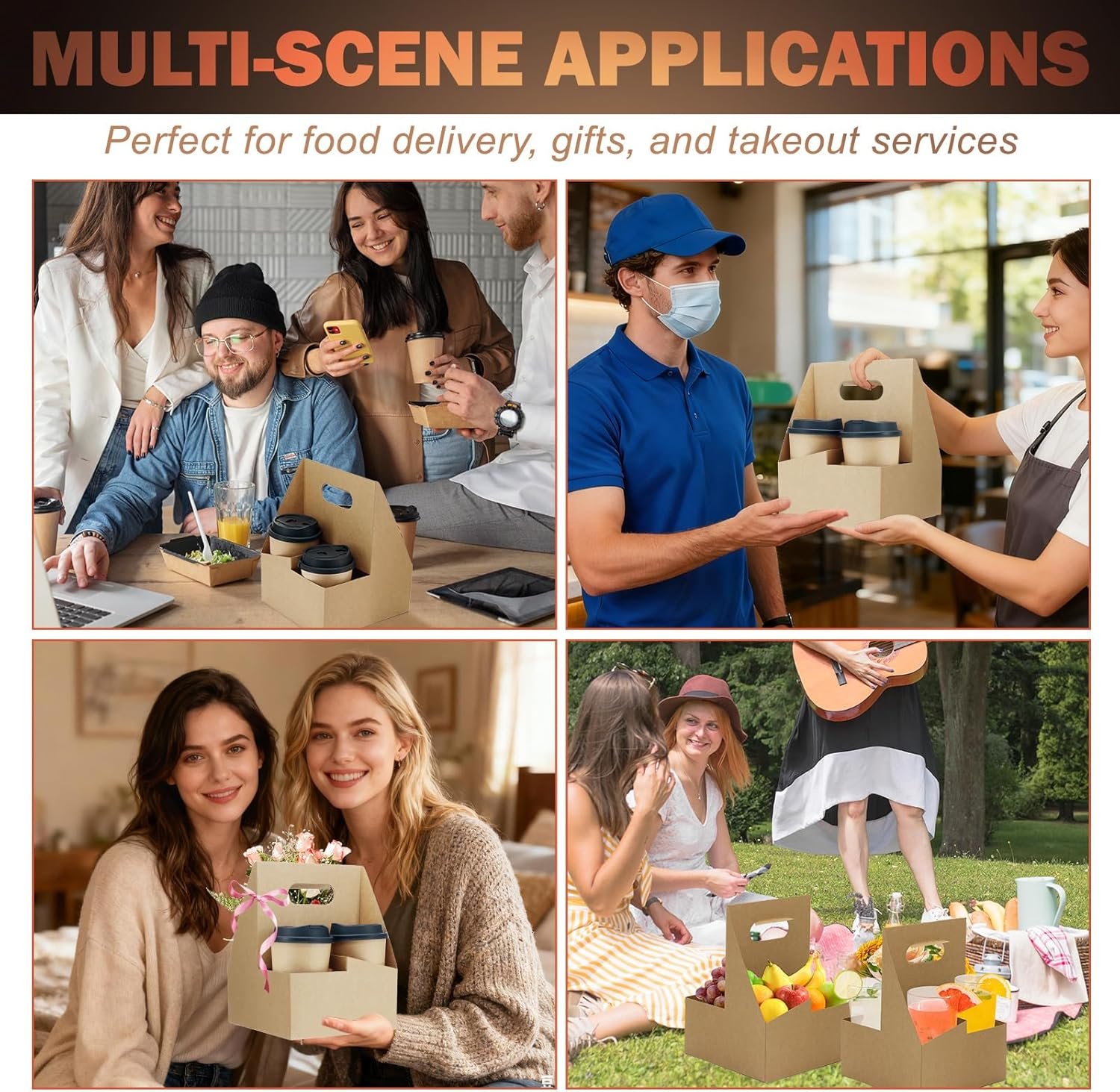 Großhandel 4 Tassen Getränke Träger mit Griff, 30 Stück Pappbecher Halter für Getränke, faltbares Kraftpapier Tray für 12oz-32oz Takeout Hot Cold Drinks, individuelles Logo von Hersteller