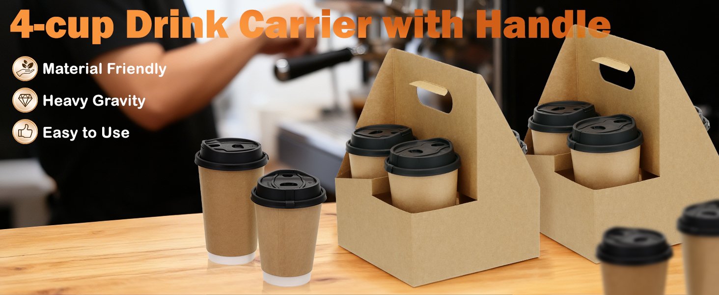 Großhandel 4 Tassen Getränke Träger mit Griff, 30 Stück Pappbecher Halter für Getränke, faltbares Kraftpapier Tray für 12oz-32oz Takeout Hot Cold Drinks, individuelles Logo von Hersteller
