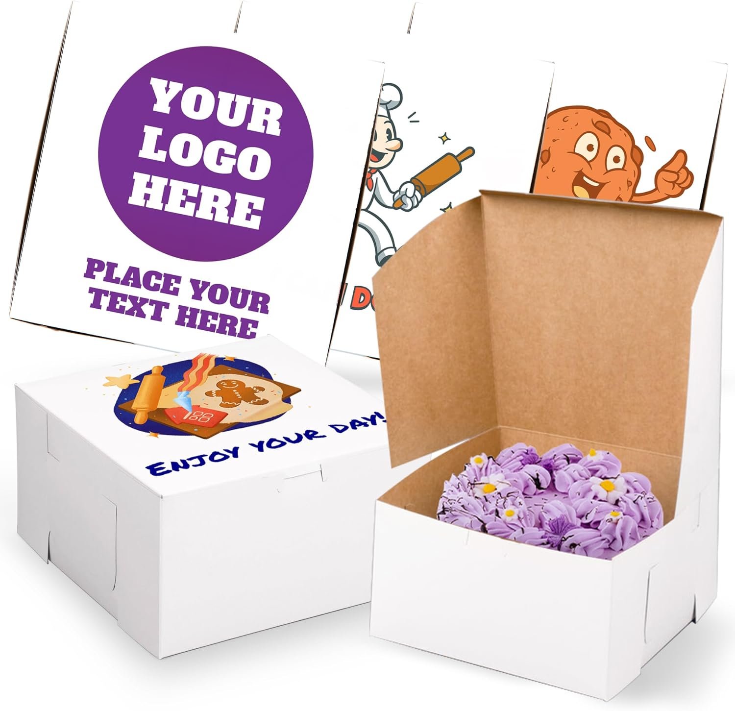 Großhandel individuell bedruckte Bäckereikartons 9" x 9" x 5" mit Logo für Kuchen, Kekse und Torten - OEM Hersteller für individuell gestaltbare Verpackungen