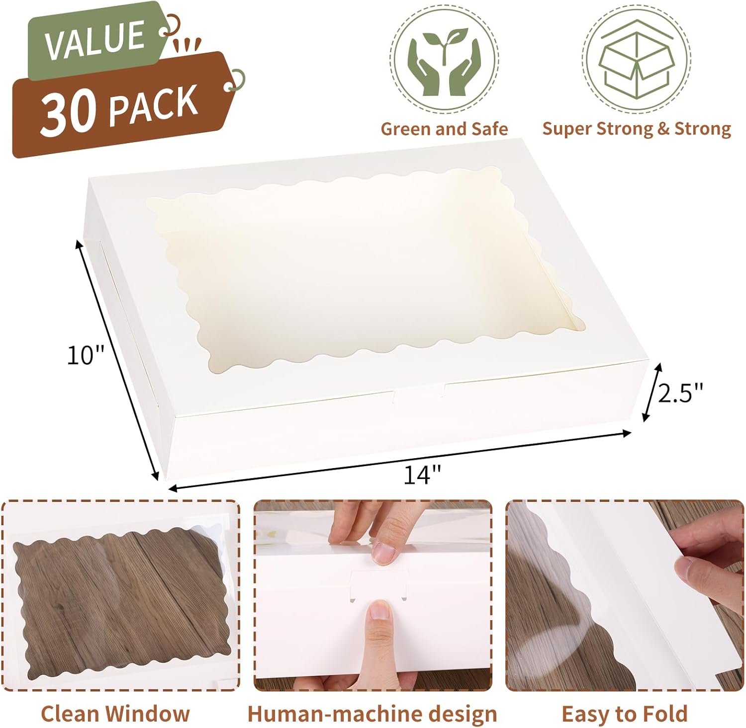 Großhandel 30 Stück große Backboxen mit Fenster, 14x10x2,5 Zoll, für Leckereien, Pies, Schokoladen-Erdbeeren, Muffins, Donuts und Desserts, Individuelles Logo, Hersteller für Bulk-Bestellungen.