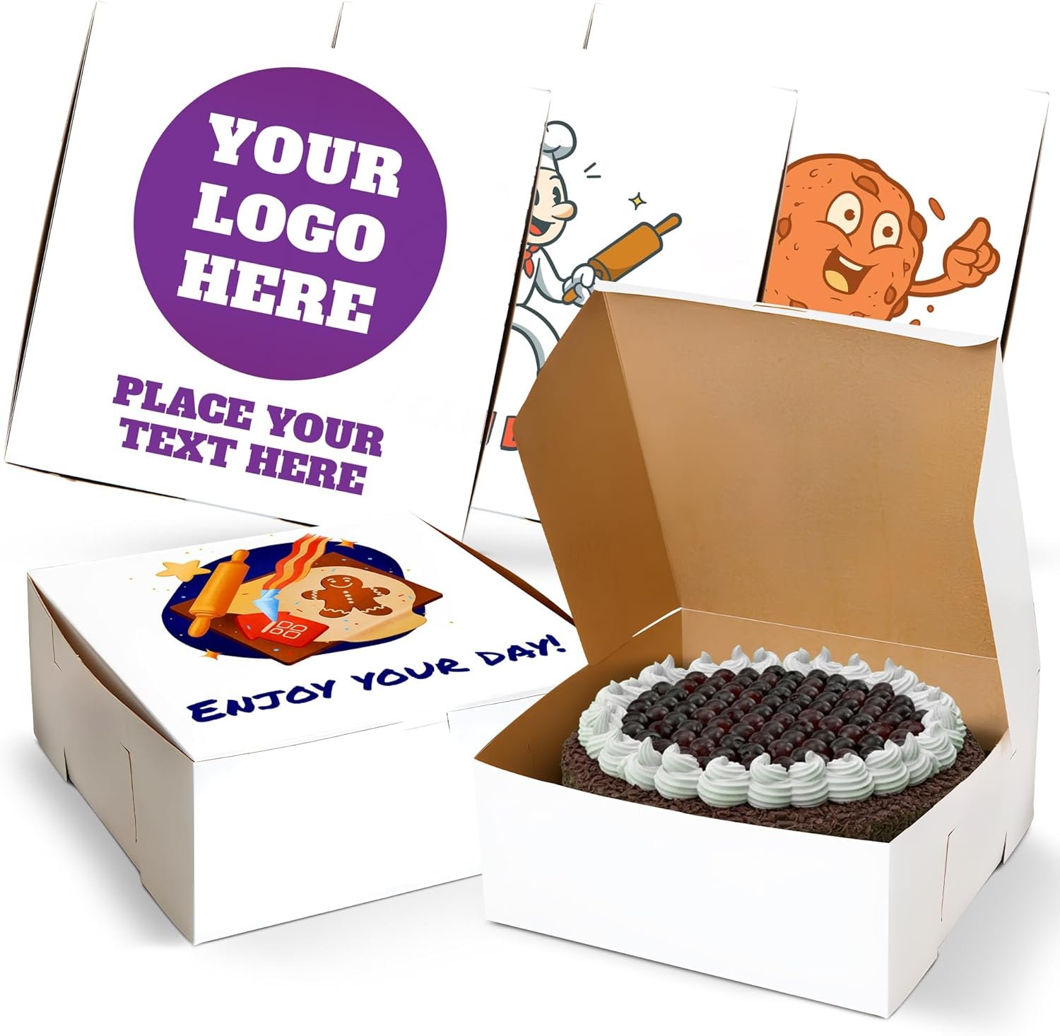 Großhandel 12" x 12" x 5" individuelle Kuchen-, Keks- und Tortenboxen mit Logo vom Hersteller, individuell anpassbar für Eigenmarken in Bulk.