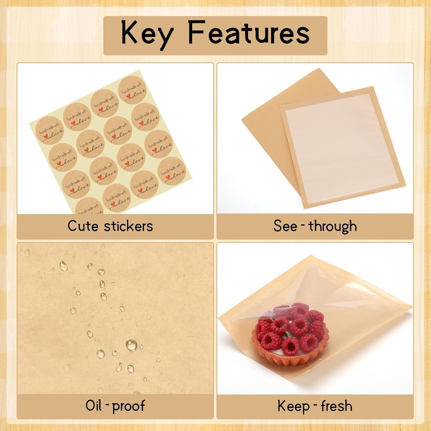 Großhandel 120er Packung Keksbeutel mit Fenster, 5,7x6,5 Zoll selbstklebende Kraft-Bäckereibeutel, temperaturversiegelbar und fettbeständig für Donuts, Snacks, Scones, Brownies, Waffeln, ideal für Ostern - individuelles Logo, OEM. Großhandel 120er Packung Keksbeutel mit Fenster, 5,7x6,5 Zoll selbstklebende Kraft-Bäckereibeutel, temperaturversiegelbar und fettbeständig für Donuts, Snacks, Scones, Brownies, Waffeln, ideal für Ostern - individuelles Logo, OEM.