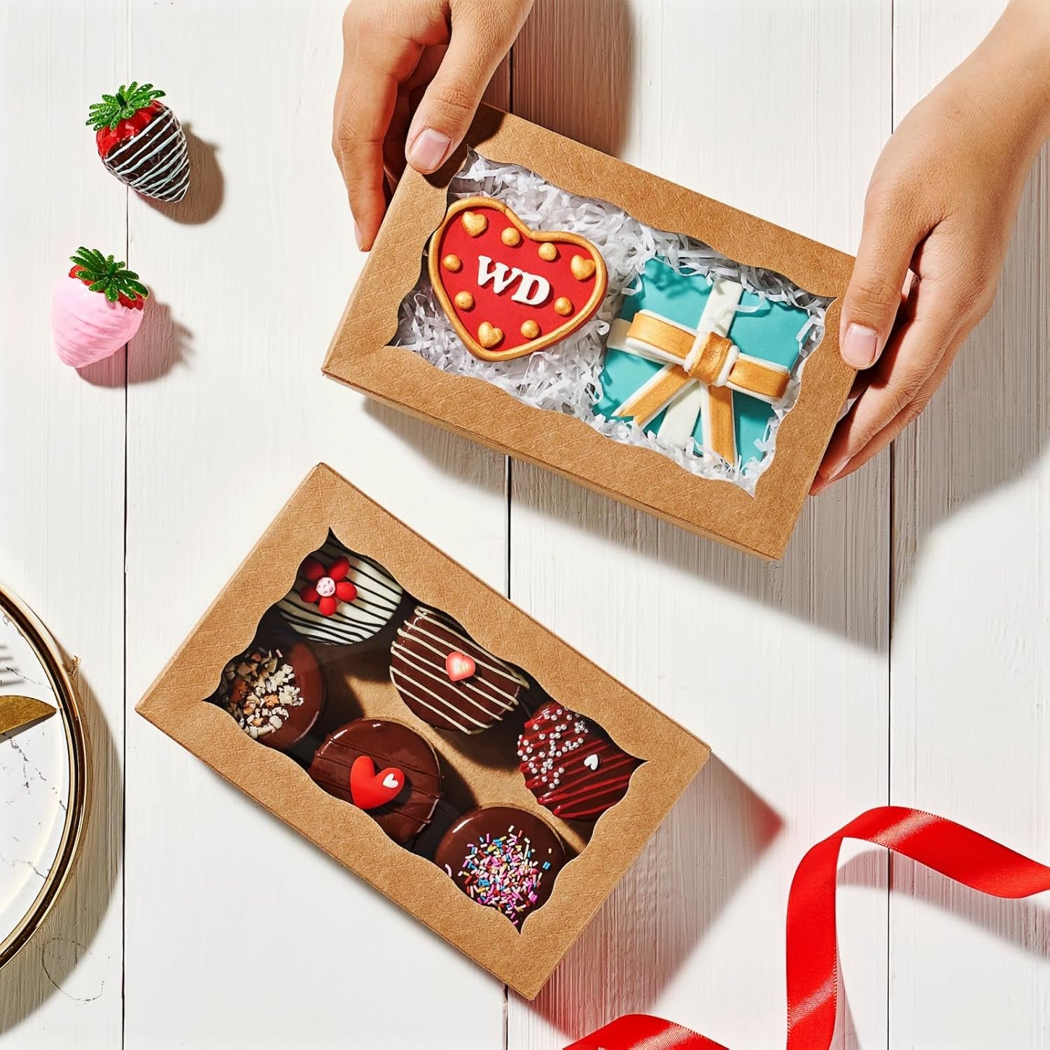 Großhandel 20 Stück 7x4,3x1,5 Zoll braune Backverpackungen mit Fenster für Trüffel, Pastry, Donuts, Brownies und als Treat-Boxen für Hochzeiten und Feiern, individuelles Logo, Fabrik für Backwaren.