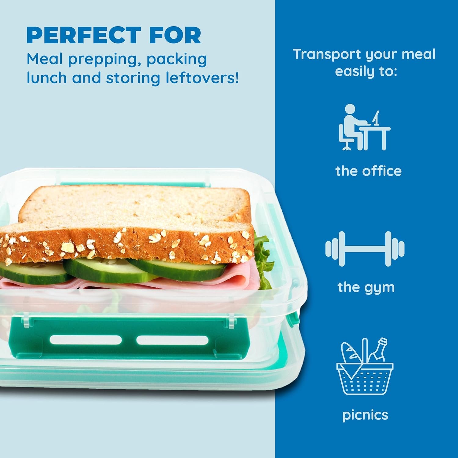 Großhandel BPA-freier Sandwichbehälter, wiederverwendbar und lecksicher mit abnehmbarer Abdeckung für Gemüse und Sandwiches, individuelles Logo, 1 Packung in variierenden Farben.