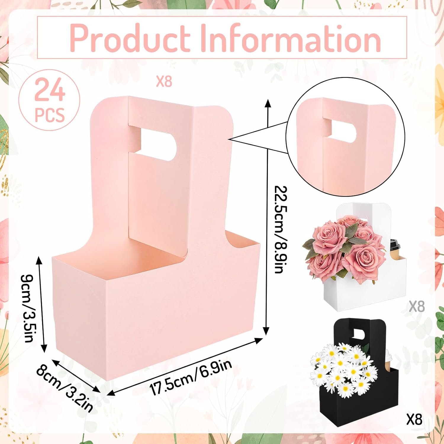 Großhandel 24 Stück Blumenstrauß Geschenkboxen mit Griff, rechteckige Papiertüten für Getränke in Pink, Schwarz, Weiß, ideal für Hochzeit, Geburtstag, Baby Shower, OEM und individuelle Logo-Optionen verfügbar.