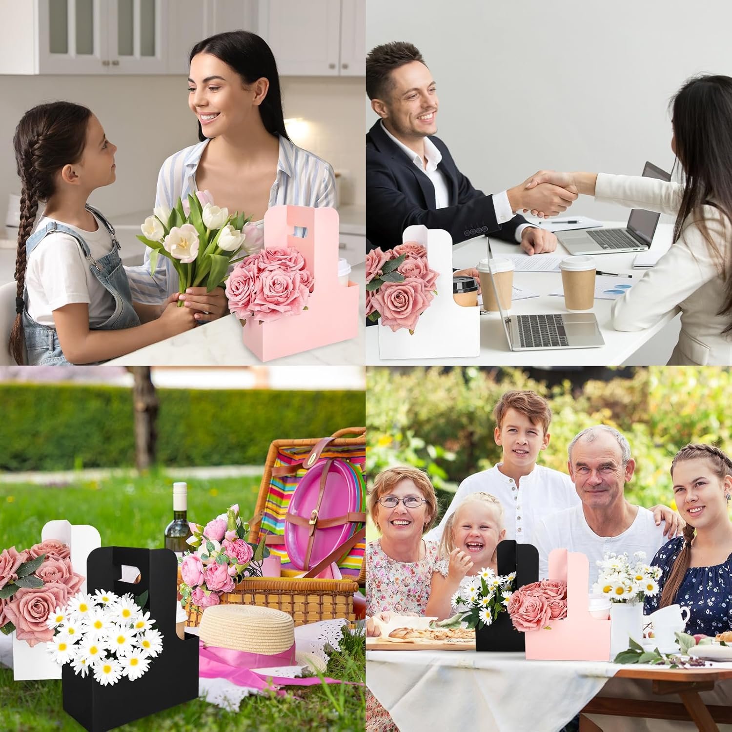 Großhandel 24 Stück Blumenstrauß Geschenkboxen mit Griff, rechteckige Papiertüten für Getränke in Pink, Schwarz, Weiß, ideal für Hochzeit, Geburtstag, Baby Shower, OEM und individuelle Logo-Optionen verfügbar.