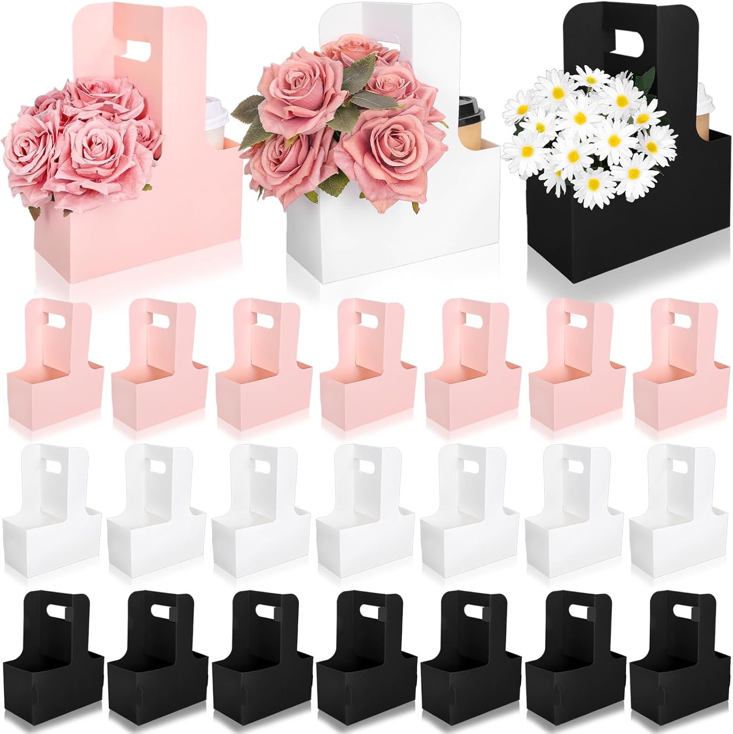 Großhandel 24 Stück Blumenstrauß Geschenkboxen mit Griff, rechteckige Papiertüten für Getränke in Pink, Schwarz, Weiß, ideal für Hochzeit, Geburtstag, Baby Shower, OEM und individuelle Logo-Optionen verfügbar.
