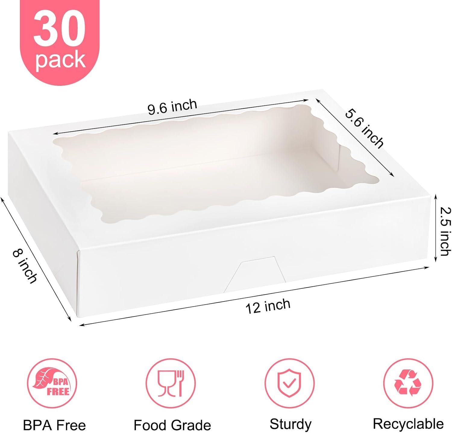 Großhandel 30 Stück pastry Boxen mit Fenster 12 x 8 x 2,5 Zoll für Schokoladenüberzogene Erdbeeren, Kekse, Muffins, Donuts und brechbare Herzen – Individuelles Logo, Hersteller und Bulk Verpackungen