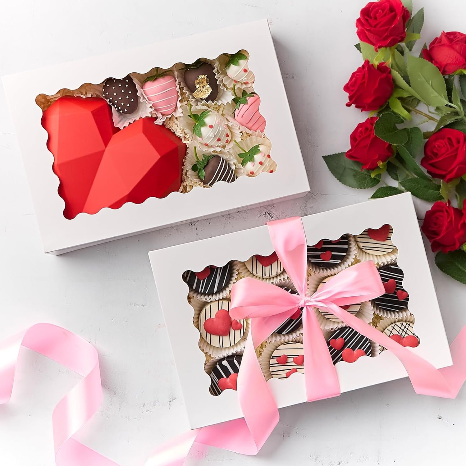 Großhandel 30 Stück pastry Boxen mit Fenster 12 x 8 x 2,5 Zoll für Schokoladenüberzogene Erdbeeren, Kekse, Muffins, Donuts und brechbare Herzen – Individuelles Logo, Hersteller und Bulk Verpackungen