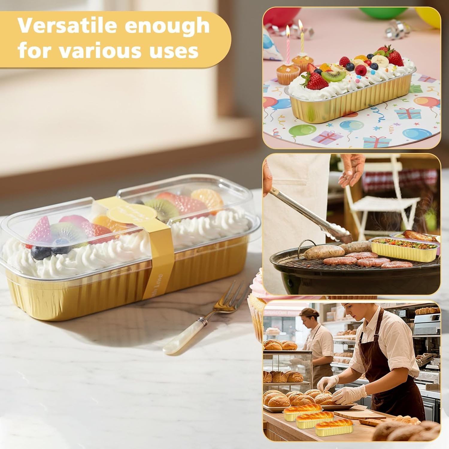 Großhandel 100 Stück Mini Kastenformen aus Aluminium mit Deckeln und Löffeln, rechteckige Einweg-Bakformen für Backen, Feiern, Picknicks und Geschenke, individuell bedruckt, vom Hersteller in Bulk erhältlich.