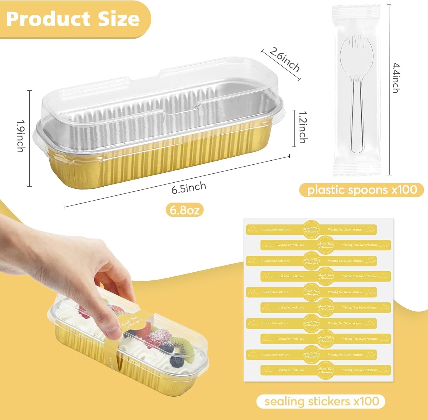 Großhandel 100 Stück Mini Kastenformen aus Aluminium mit Deckeln und Löffeln, rechteckige Einweg-Bakformen für Backen, Feiern, Picknicks und Geschenke, individuell bedruckt, vom Hersteller in Bulk erhältlich.