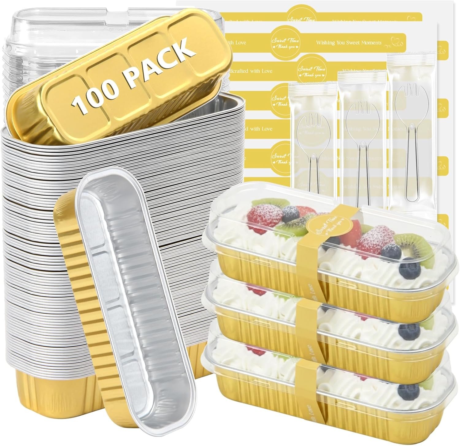 Großhandel 100 Stück Mini Kastenformen aus Aluminium mit Deckeln und Löffeln, rechteckige Einweg-Bakformen für Backen, Feiern, Picknicks und Geschenke, individuell bedruckt, vom Hersteller in Bulk erhältlich.