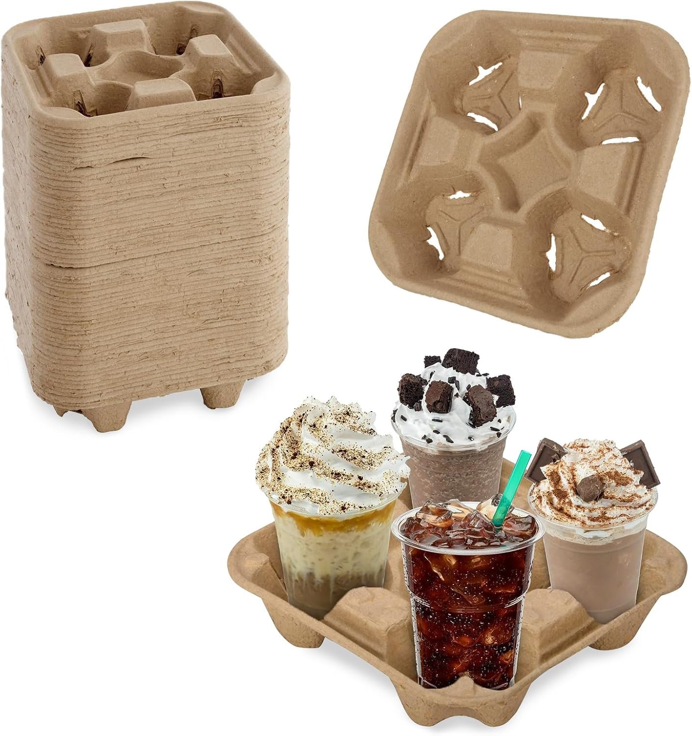Großhandel 4er Becherträger, 40 Stück Einweg Becherhalter, biologisch abbaubarer Getränke-Träger für heiße oder kalte Getränke, ideal für Coffee Shops, Restaurants, Saftbars mit individuellem Logo.