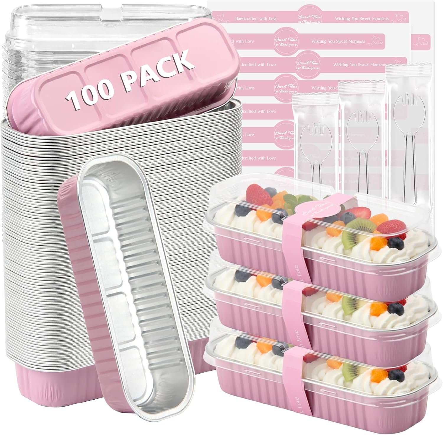Großhandel Mini-Backformen aus Aluminium für Mini-Laibchen mit Deckeln und Löffeln, 100er Pack, rectangular für Bäckerei, Partys, Picknicks und Feiertage (Rosa) - Individuelles Logo, Hersteller für Bulk-Bestellungen