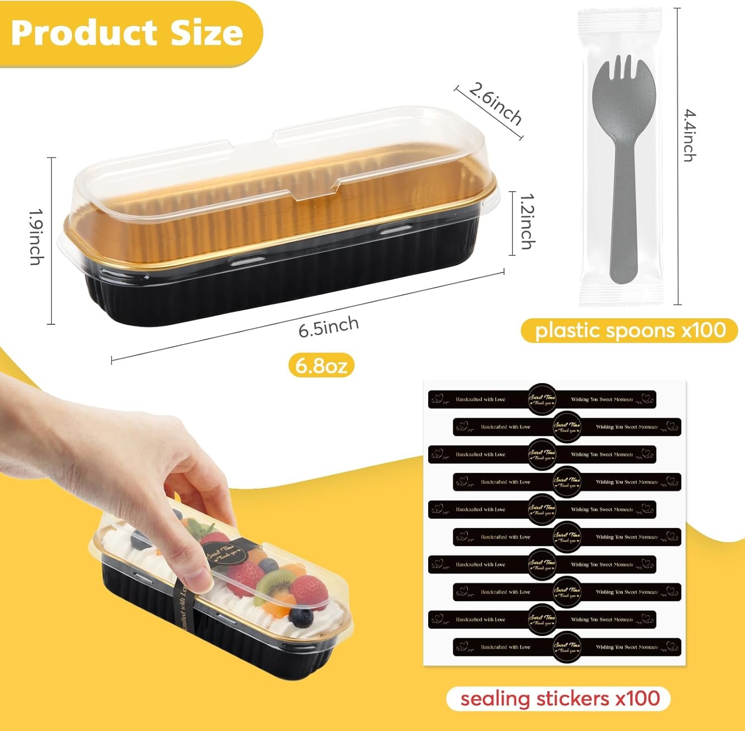 Großhandel 100 Stück Mini Brotform mit Deckel und Löffeln, rechteckige Einweg-Alufolienpfannen für Zuhause, Partys, Picknicks, Eigenmarke, Hersteller von hochwertigen Backformen (Schwarz Gold)