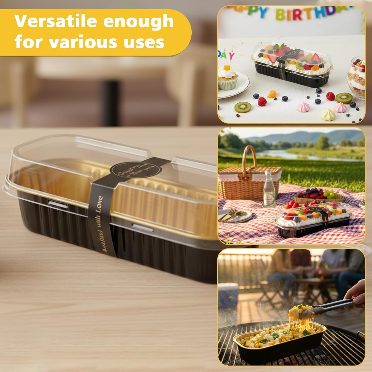 Großhandel 100 Stück Mini Brotform mit Deckel und Löffeln, rechteckige Einweg-Alufolienpfannen für Zuhause, Partys, Picknicks, Eigenmarke, Hersteller von hochwertigen Backformen (Schwarz Gold)